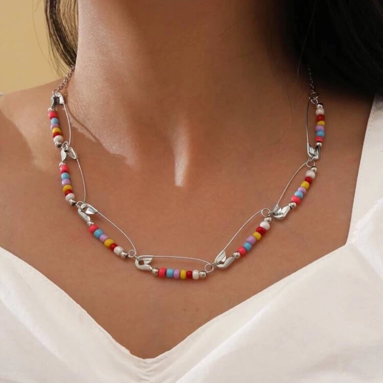 Awesome Colorful Glass Beaded Safety Pin Necklace